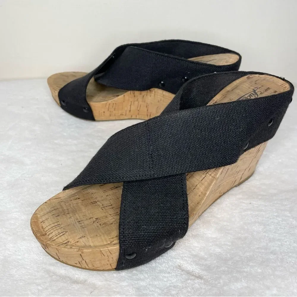 Lucky Brand Miller 2 Sandals Fabric Wedge Cork Heel Crisscross Black Size 9